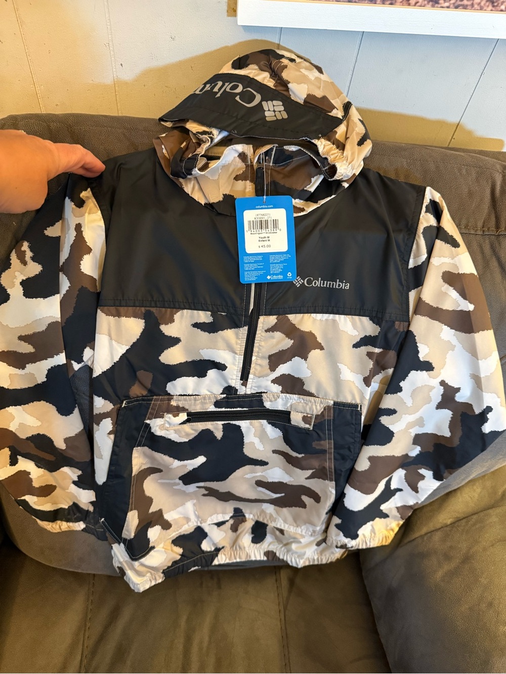Columbia Kids Hooded Camo Anorak Jacket - Brown, Black, White